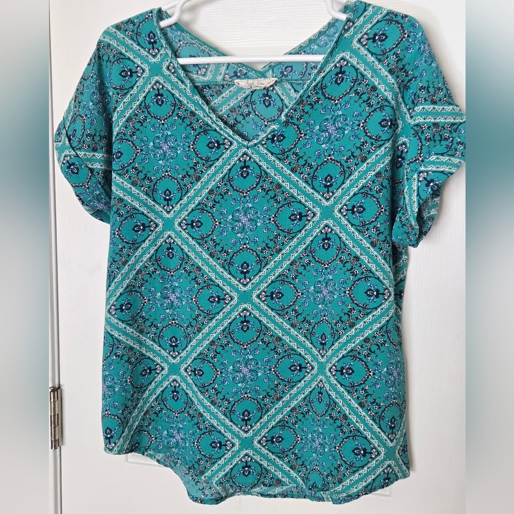 Pink Rose Teal Paisley Floral Flowy Lightweight Blouse Size L